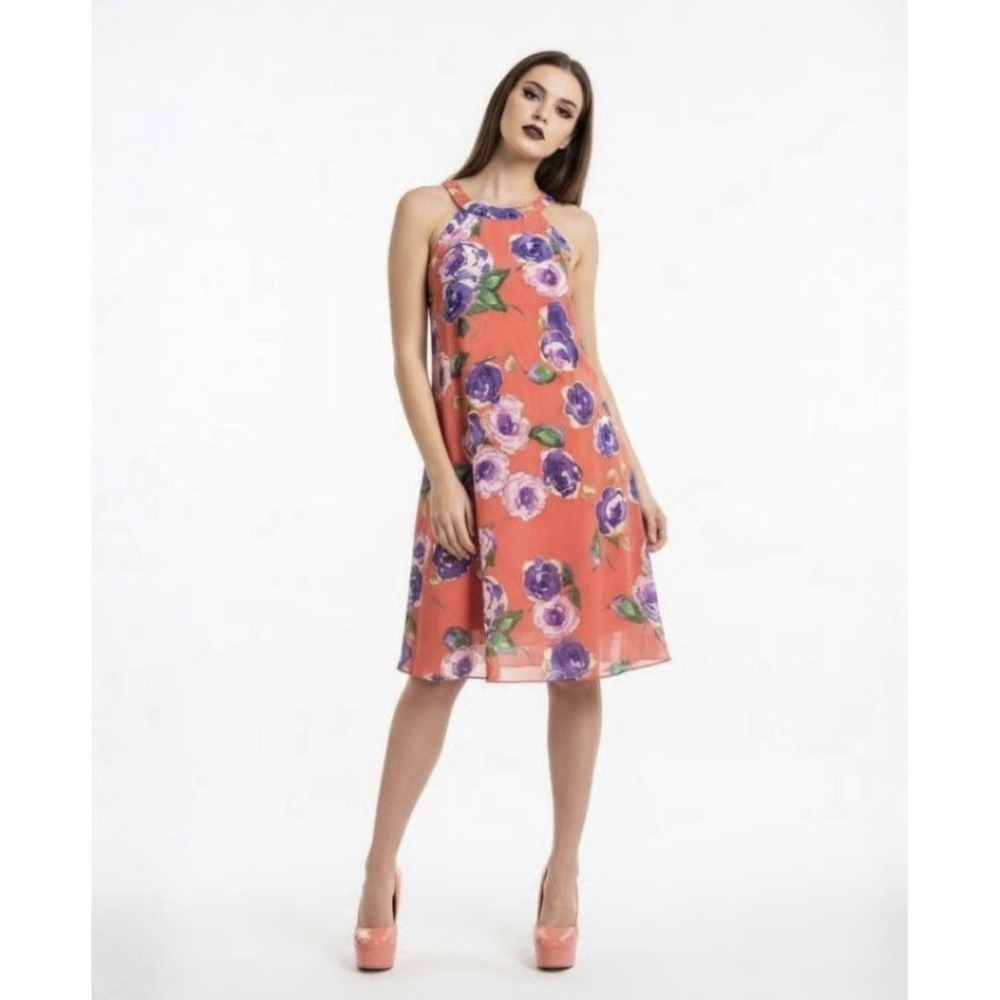 Betsey Johnson‎ Women's Orange Floral Trapeze Swing Dress Sleeveless Size 6